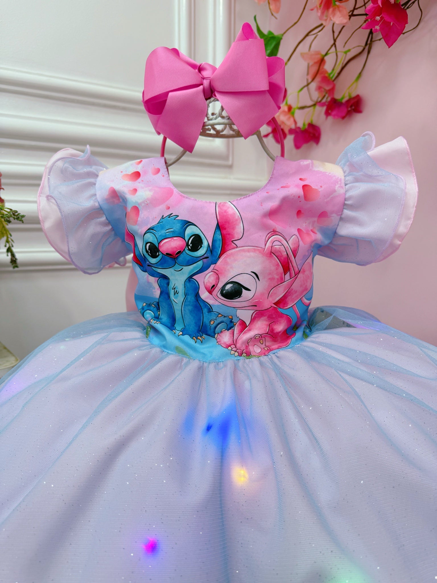 Vestido Infantil Stitch Angel Rosa Tule Azul Glitter C/ Led
