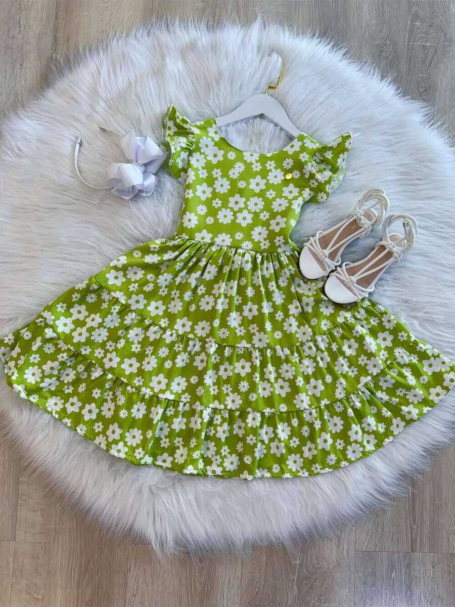 Vestido Infantil Primavera Verão Verde Lima C/ Margaridas