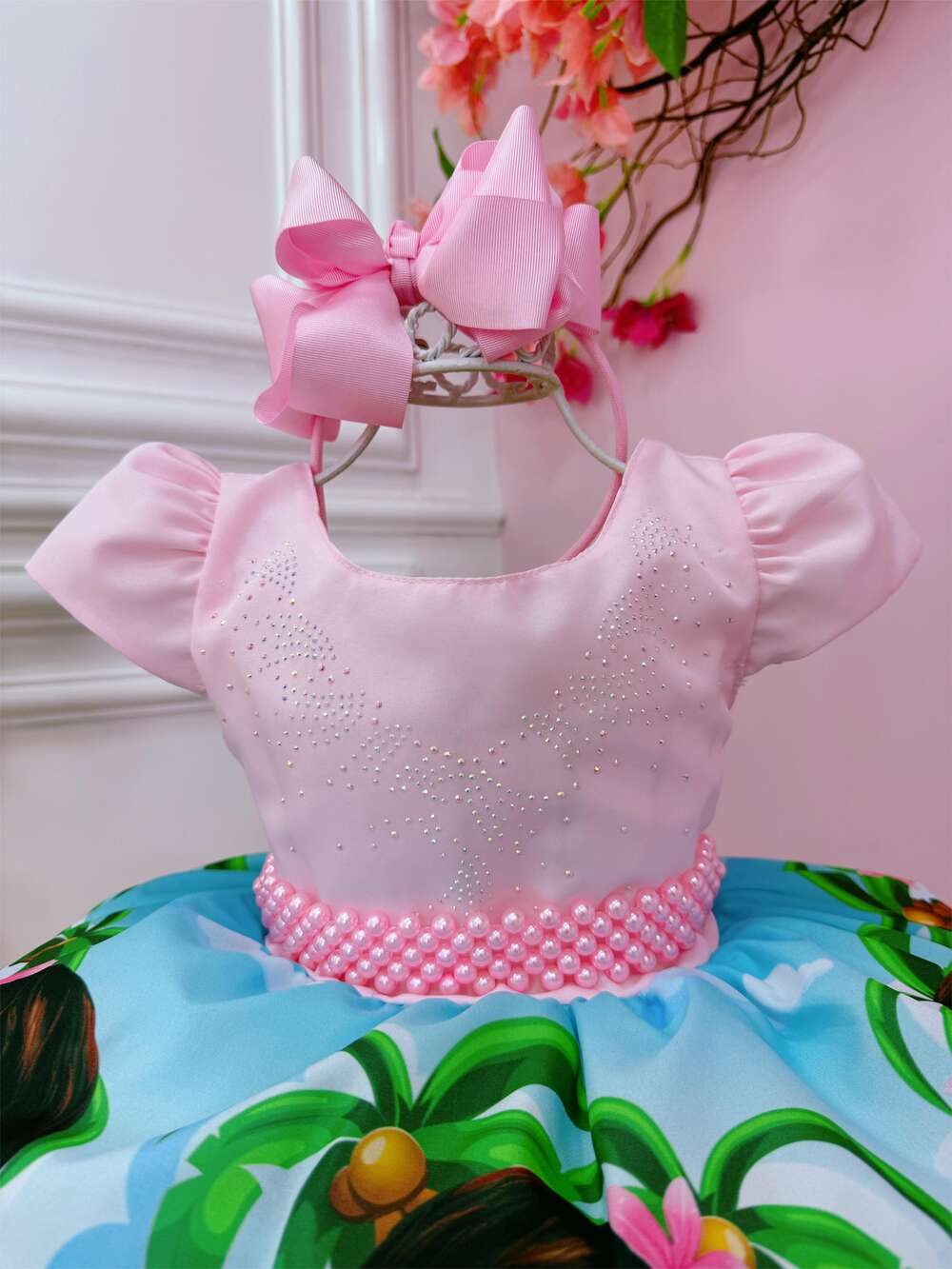Vestido Infantil Moana Baby Rosa Strass C/ Cinto de Pérolas