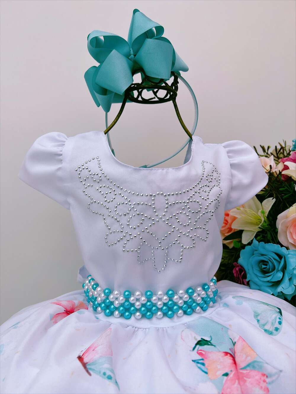 Vestido Infantil Branco Jardim das Borboletas Pérolas Strass