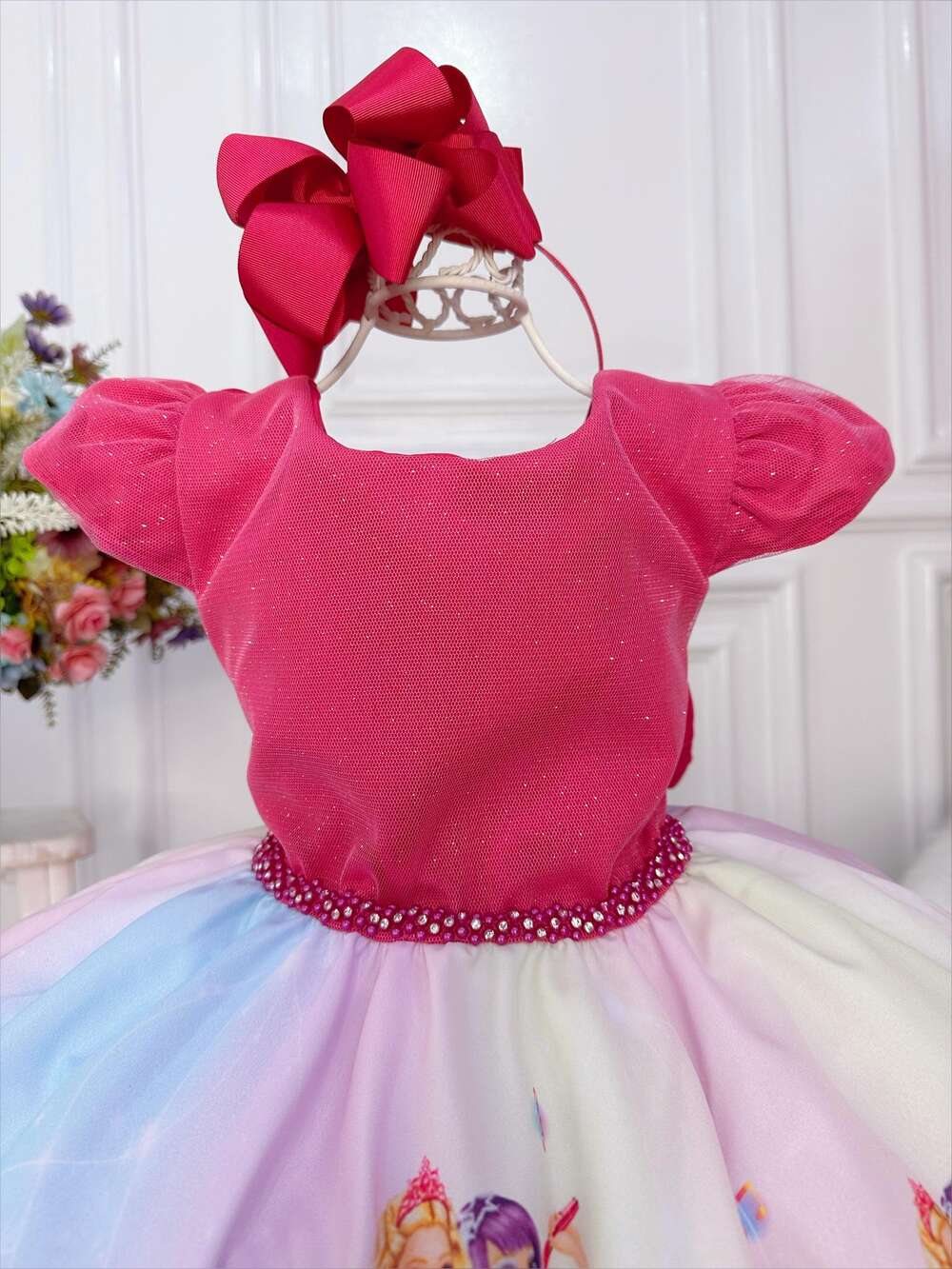 Vestido Infantil Princesa Festa da Barbie Pink Peito Glitter