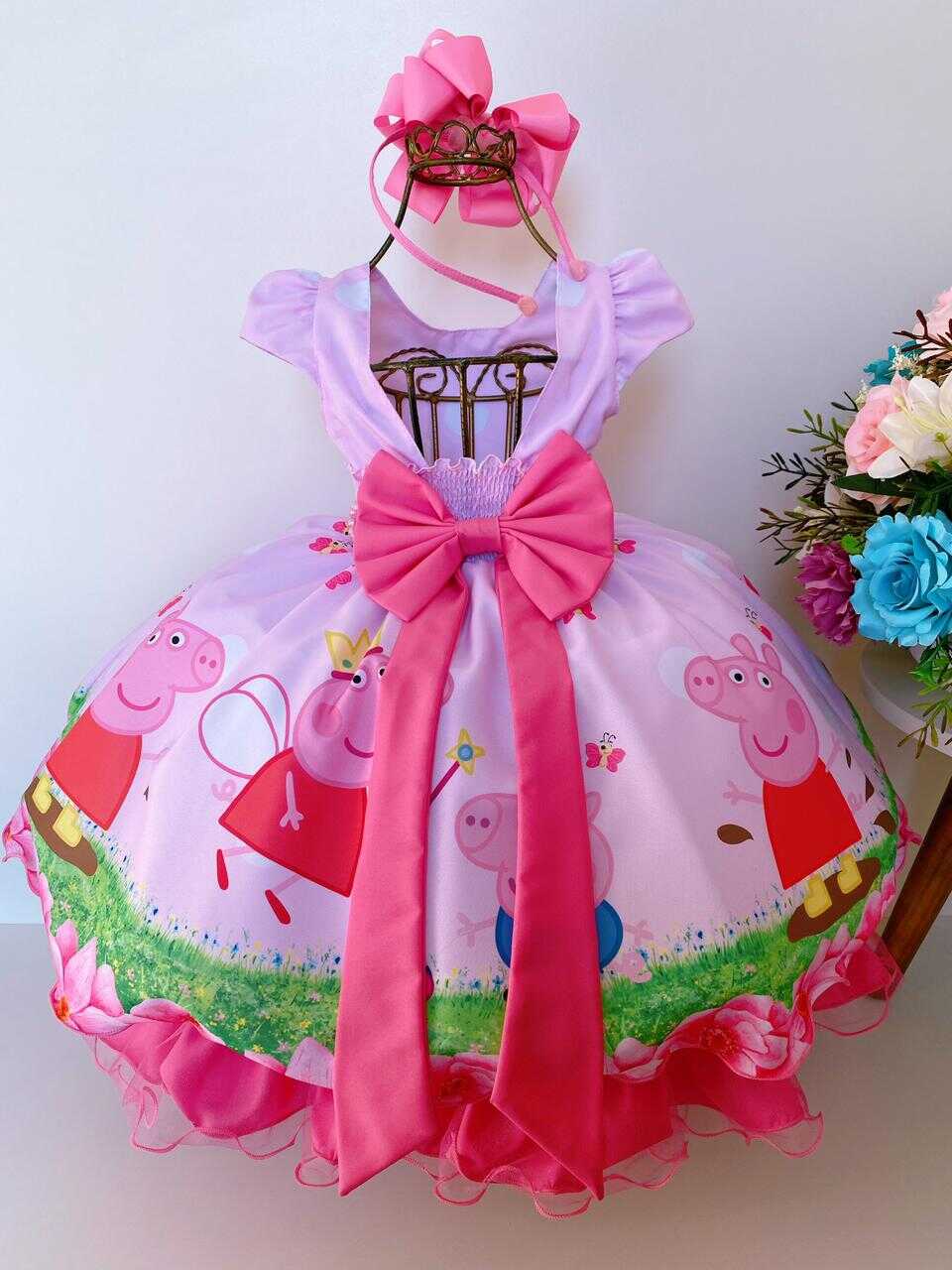 Vestido Infantil Peppa Pig Rosa Flores Cinto de Pérolas Luxo