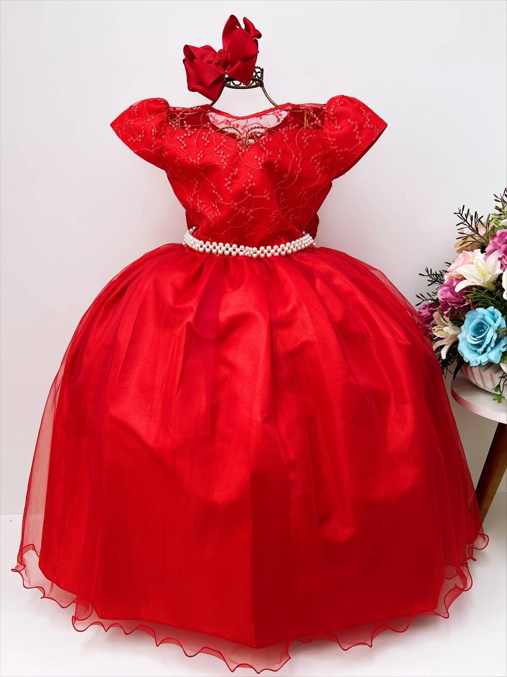 Vestido Infantil Damas Honra Vermelho Casamento Pérola Renda