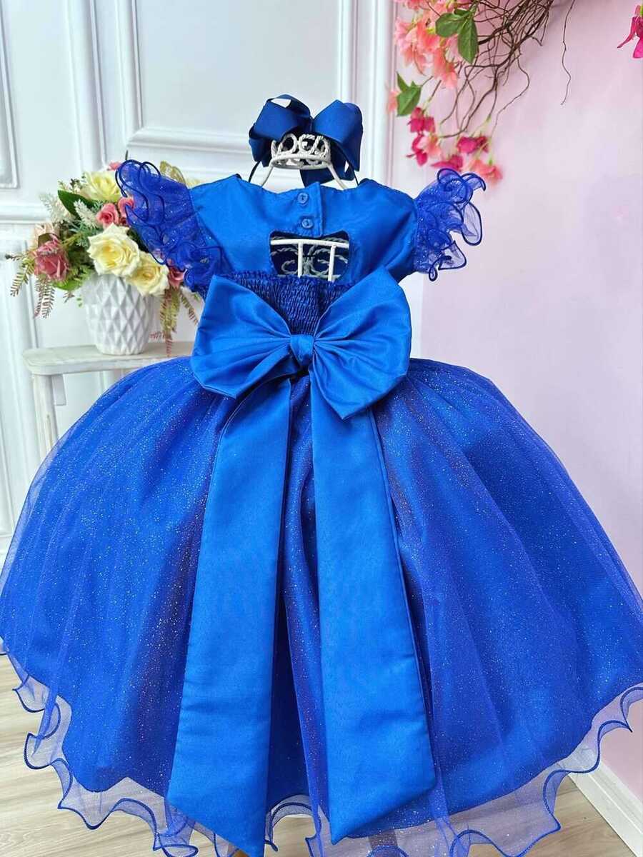 Vestido Infantil Azul Royal Com Glitter e Broche de Flor Luxo