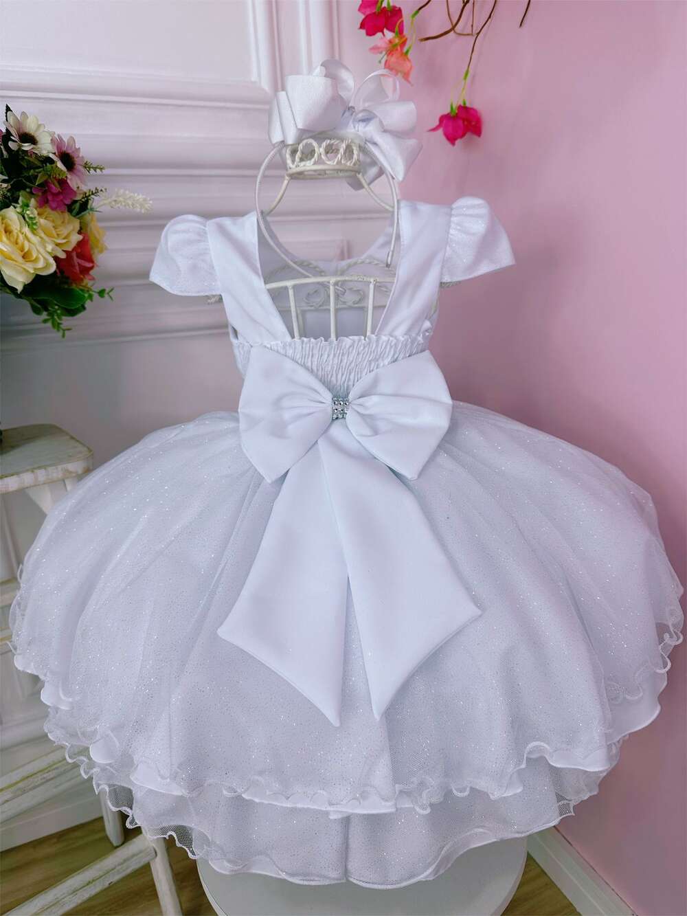 Vestido Infantil Branco C/ Glitter e Aplique de Borboletas