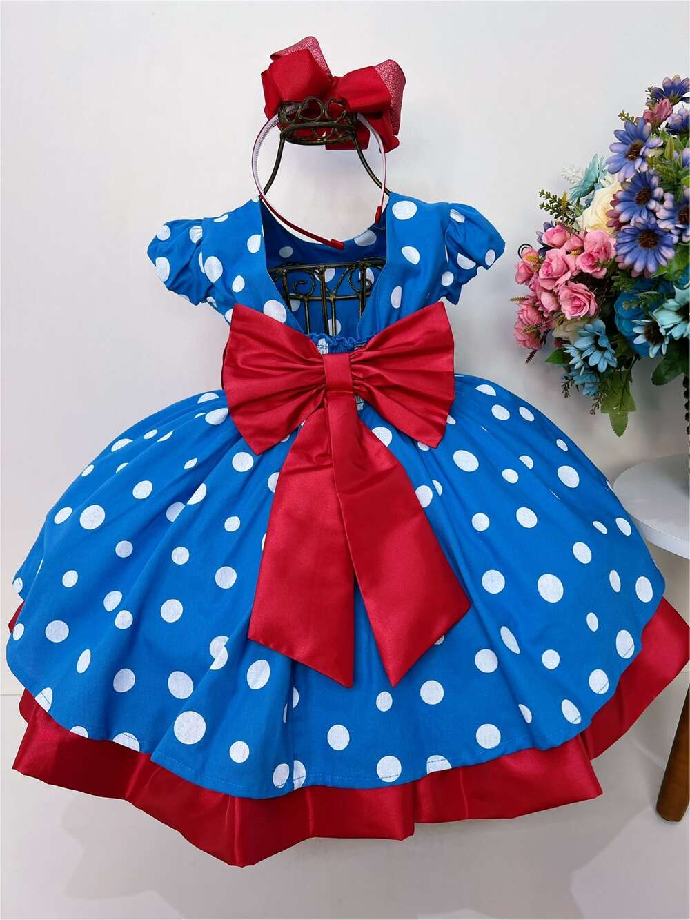 Vestido Infantil Galinha Pintadinha Azul C/ Bolas Brancas