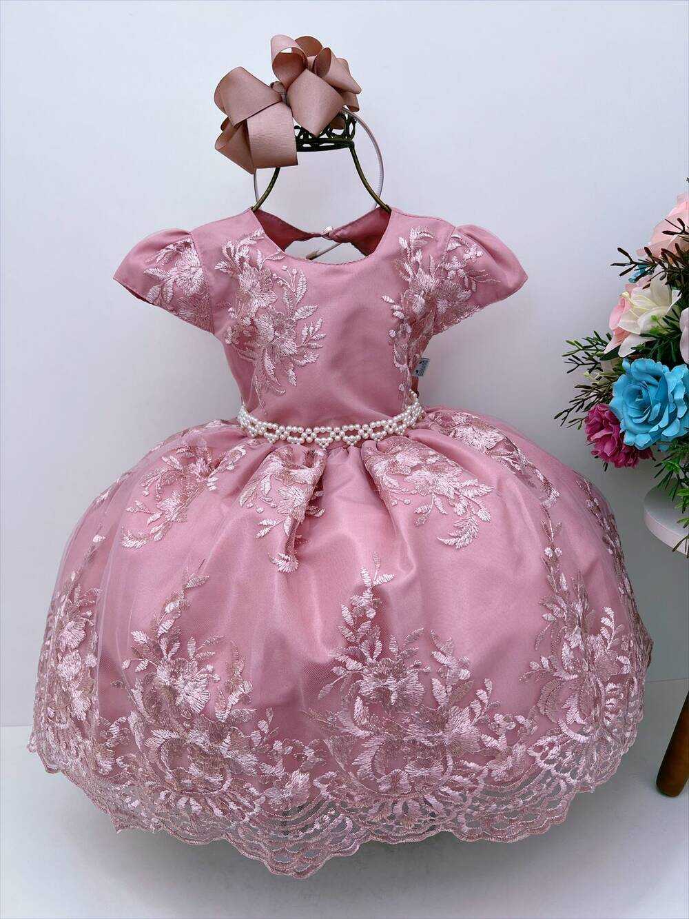 Vestido Infantil Rose C/ Renda Cinto de Pérolas Daminhas