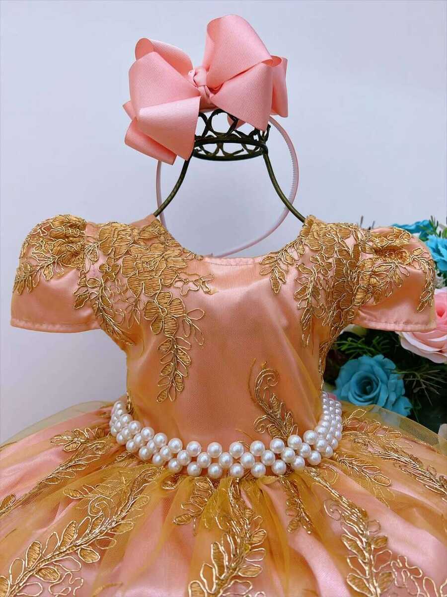 Vestido Infantil Rose Renda e Tule Dourado Realeza Damas