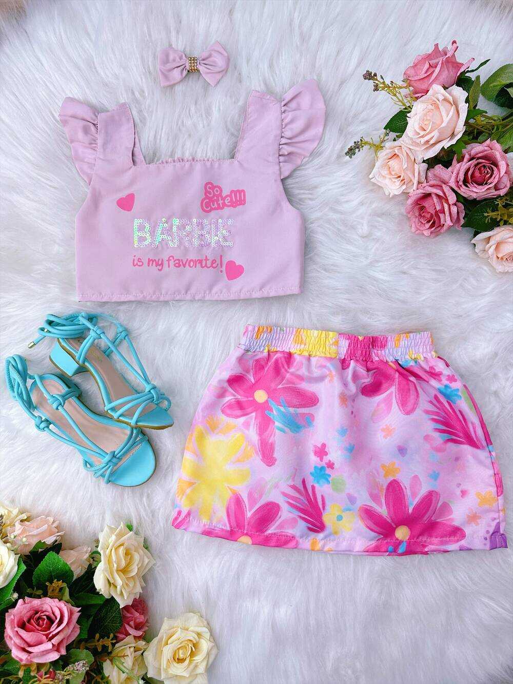 Conjunto Infantil da Barbie Rosa C/ Saia Colorido e Laço