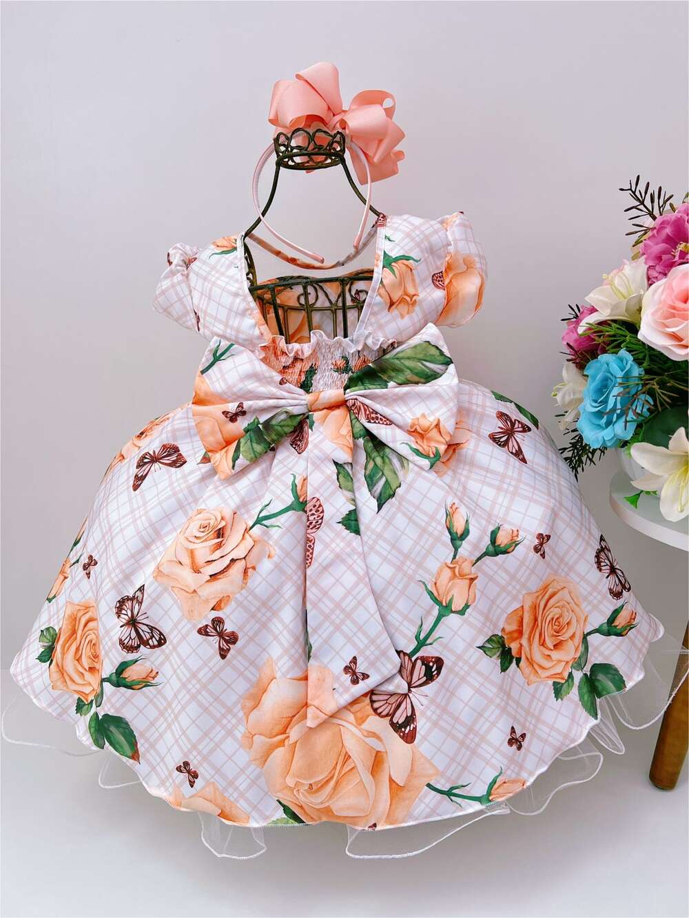 Vestido Infantil Pêssego Floral Cinto Pérolas Luxo Festa