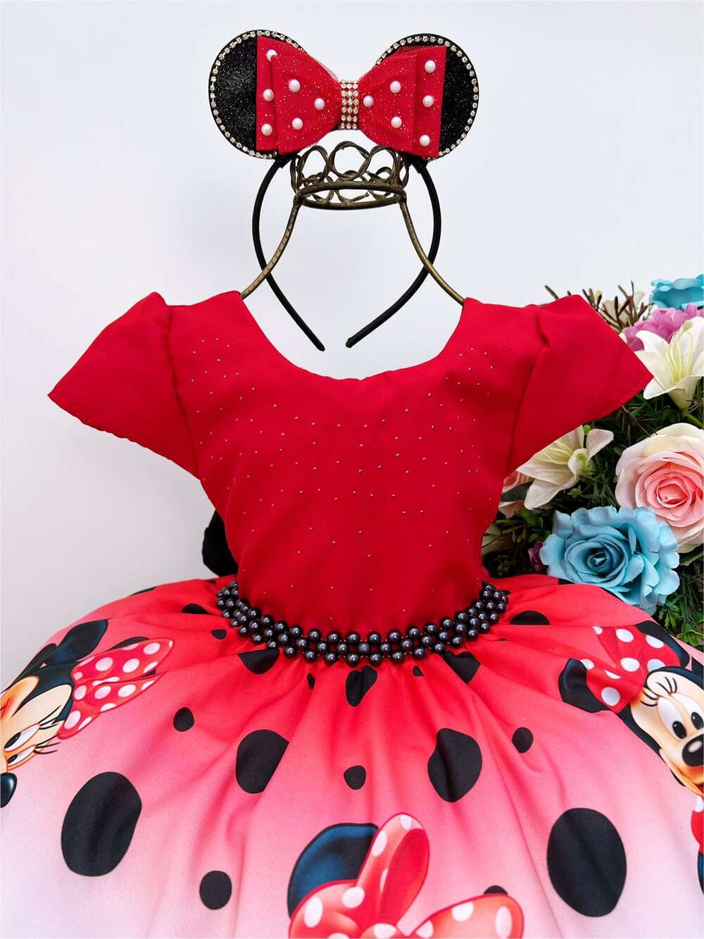 Vestido Infantil Minnie Vermelha Bolas Cinto e Pérolas Luxo