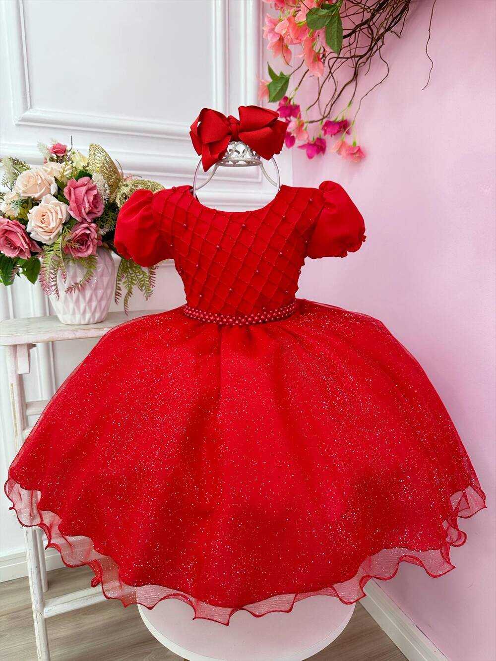 Vestido Infantil Vermelho Busto Nervura C/ Pérolas Festas