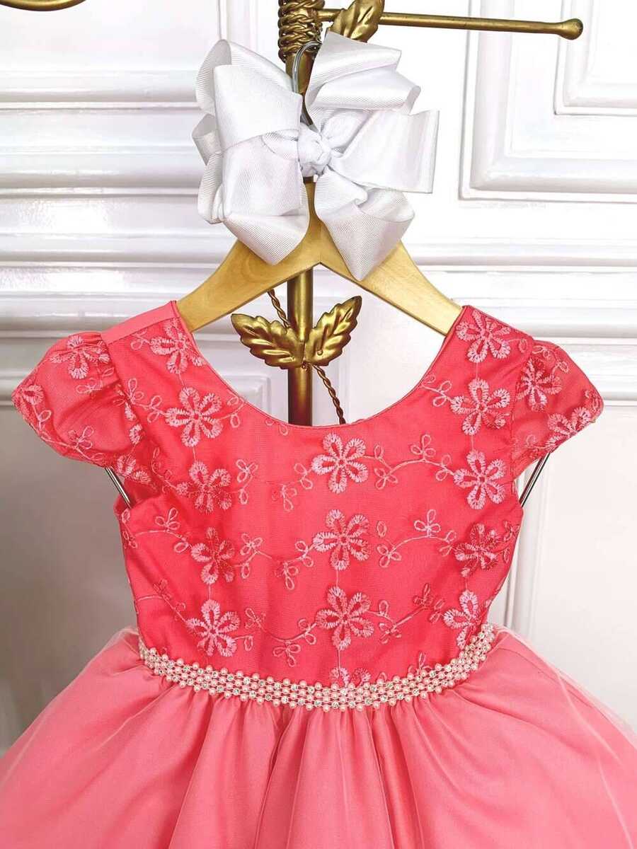 Vestido Infantil Goiaba Florido de Renda e Cinto de Pérolas