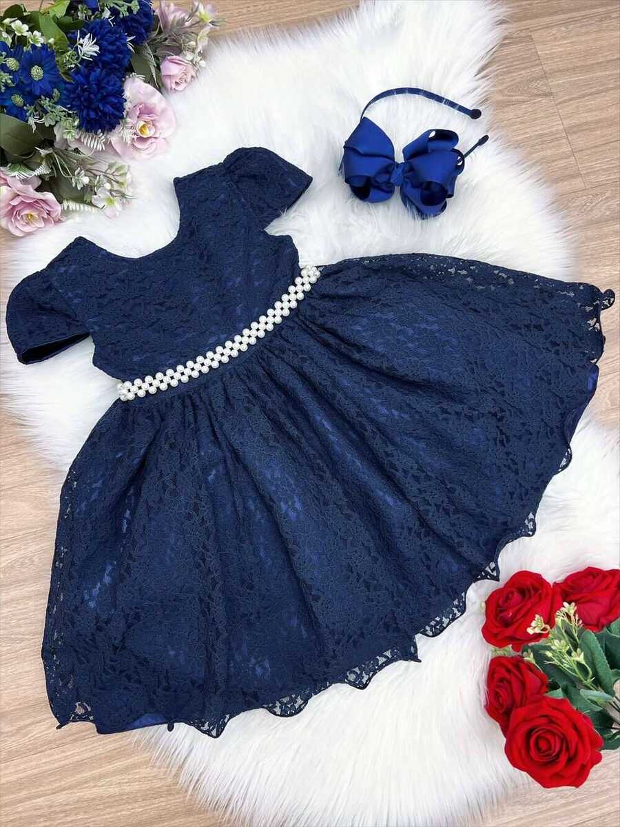 Vestido Infantil Realeza Azul Marinho Renda e Pérolas Festa