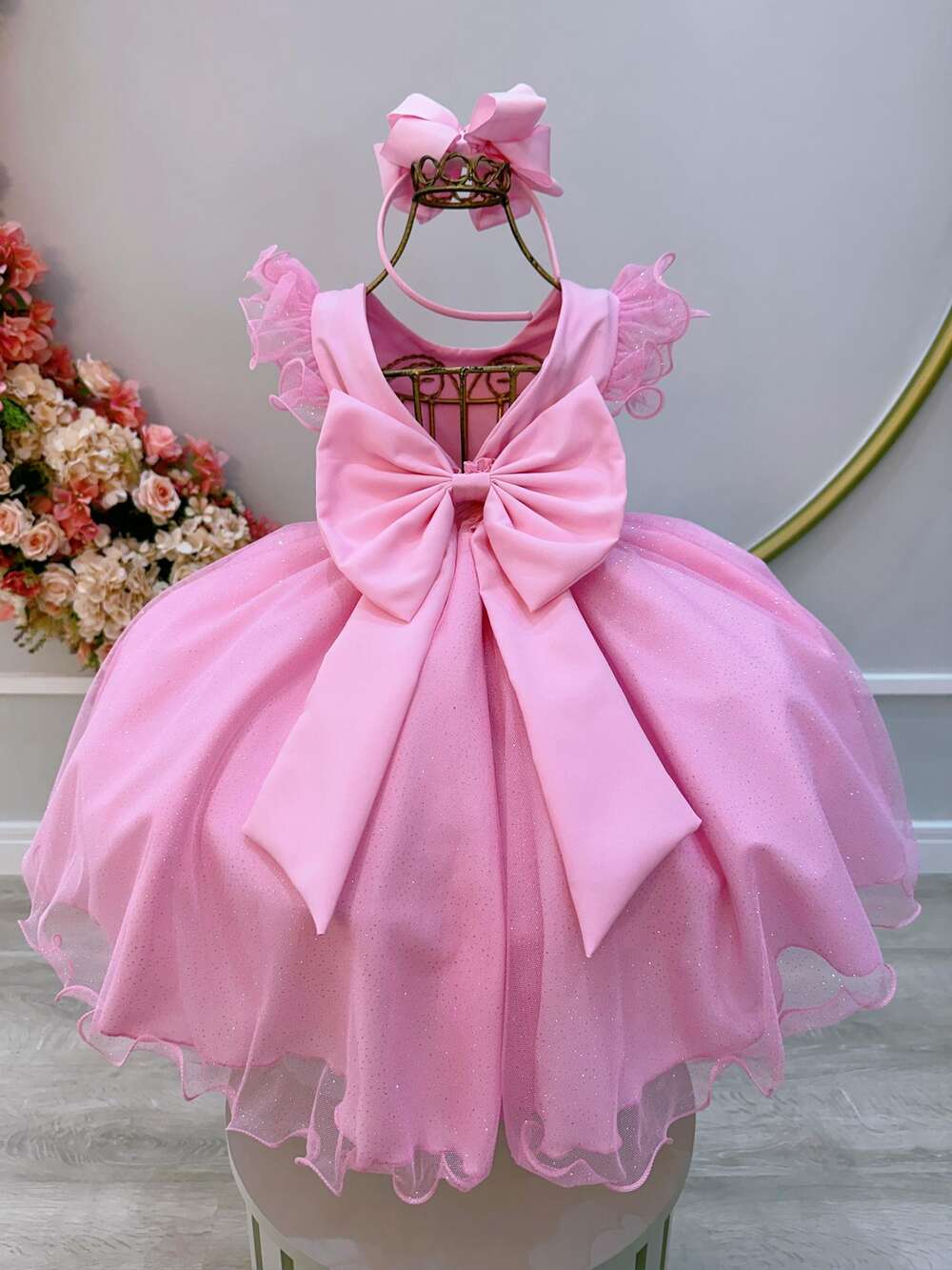 Vestido Infantil Rosa Bebê Luxo C/ Cinto de Strass