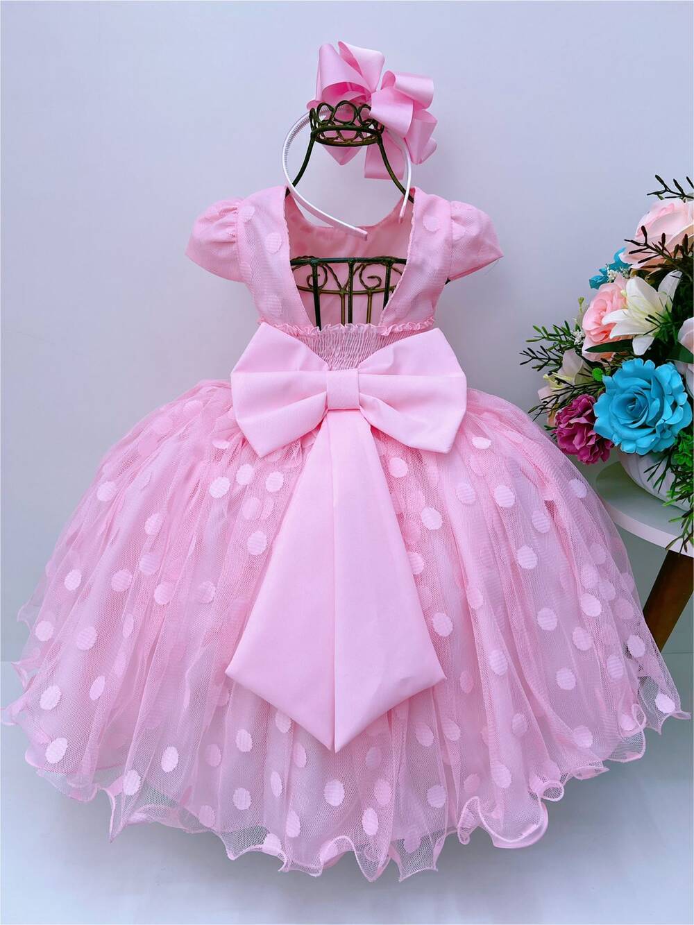 Vestido Infantil Rosa Bolinhas Cinto Strass C/ Pérolas Luxo