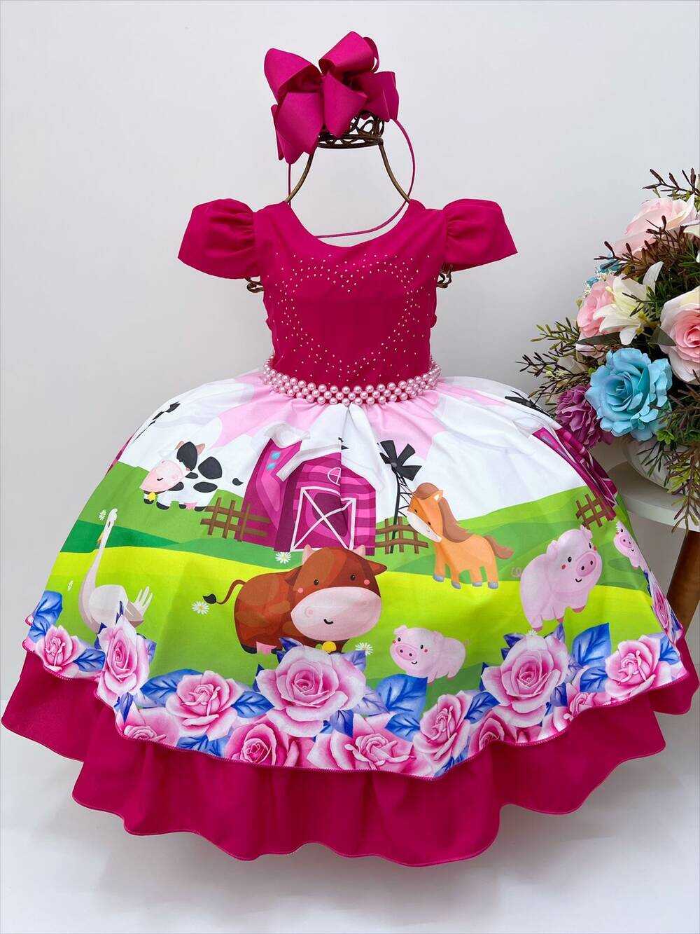 Vestido Infantil Fazendinha Pink Floral C/ Pérolas e Strass