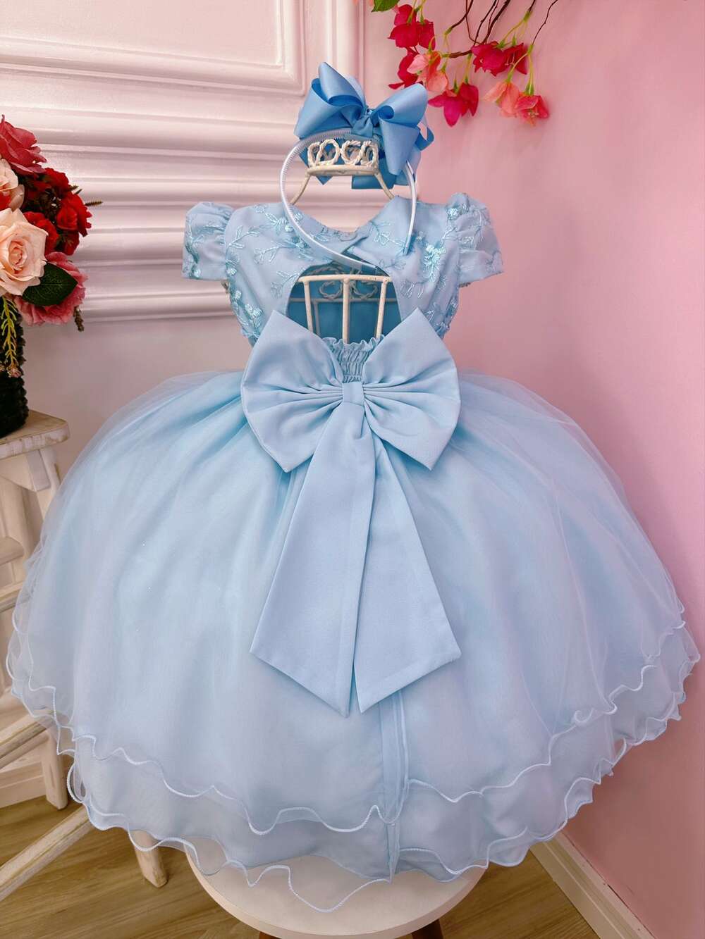 Vestido Infantil Azul Renda Aplique e Borboletas Flores