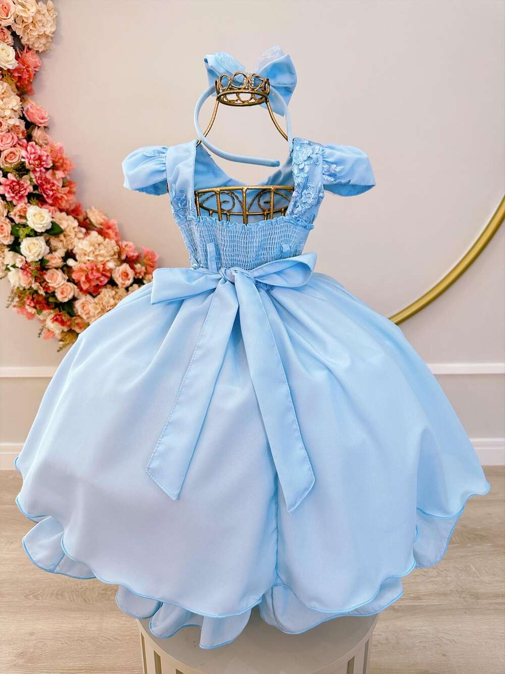 Vestido Infantil Azul Bebê Tiara C/ Renda e Cinto de Pérolas