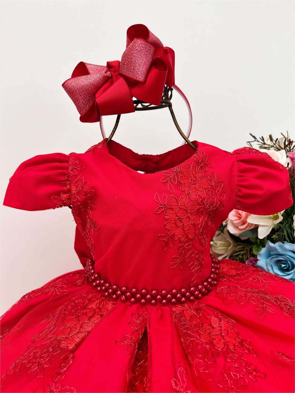 Vestido Infantil Vermelho Renda Realeza Luxo Cinto Pérolas