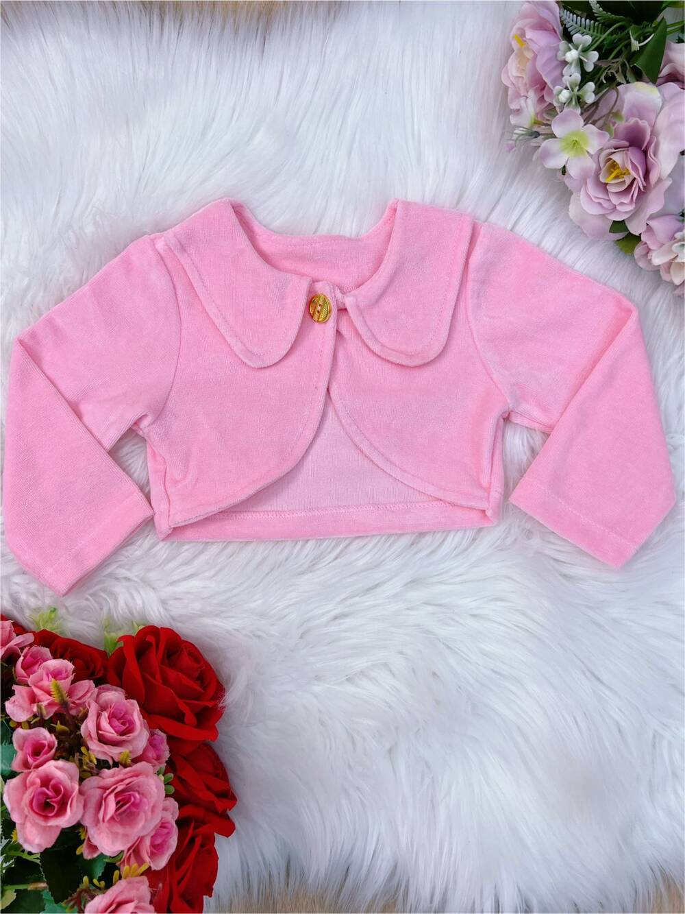 Bolero Infantil Rosa Bebê Plush Luxo Com Botão