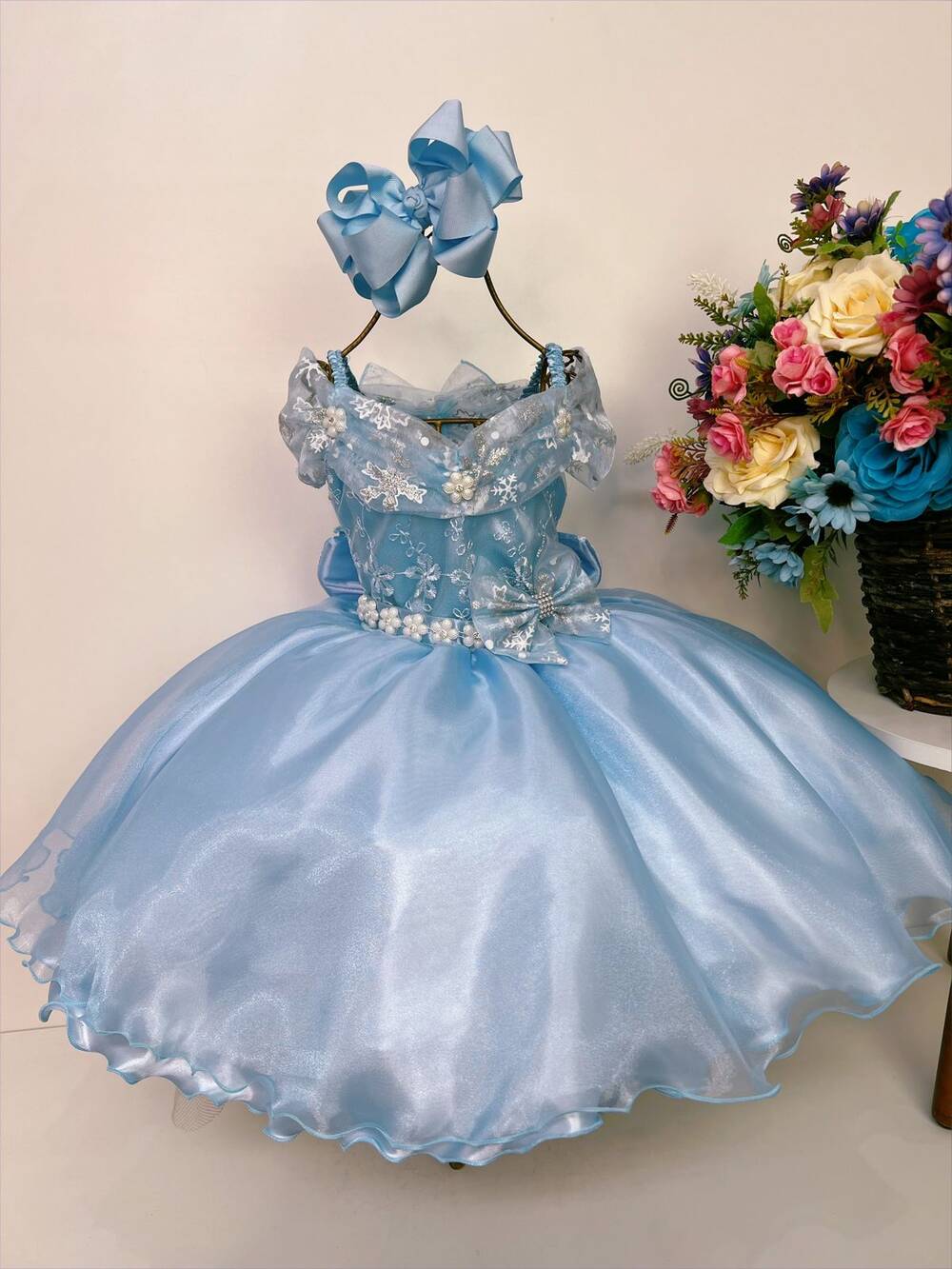 Vestido Infantil Frozen com Capa e Laço Festa Princesas Luxo