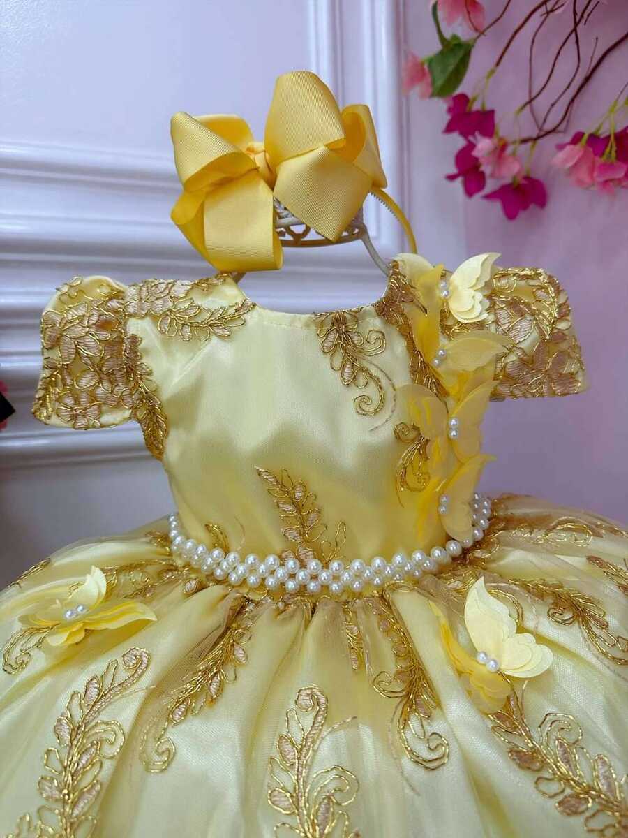 Vestido Infantil Amarelo Renda Realeza e Aplique Borboletas