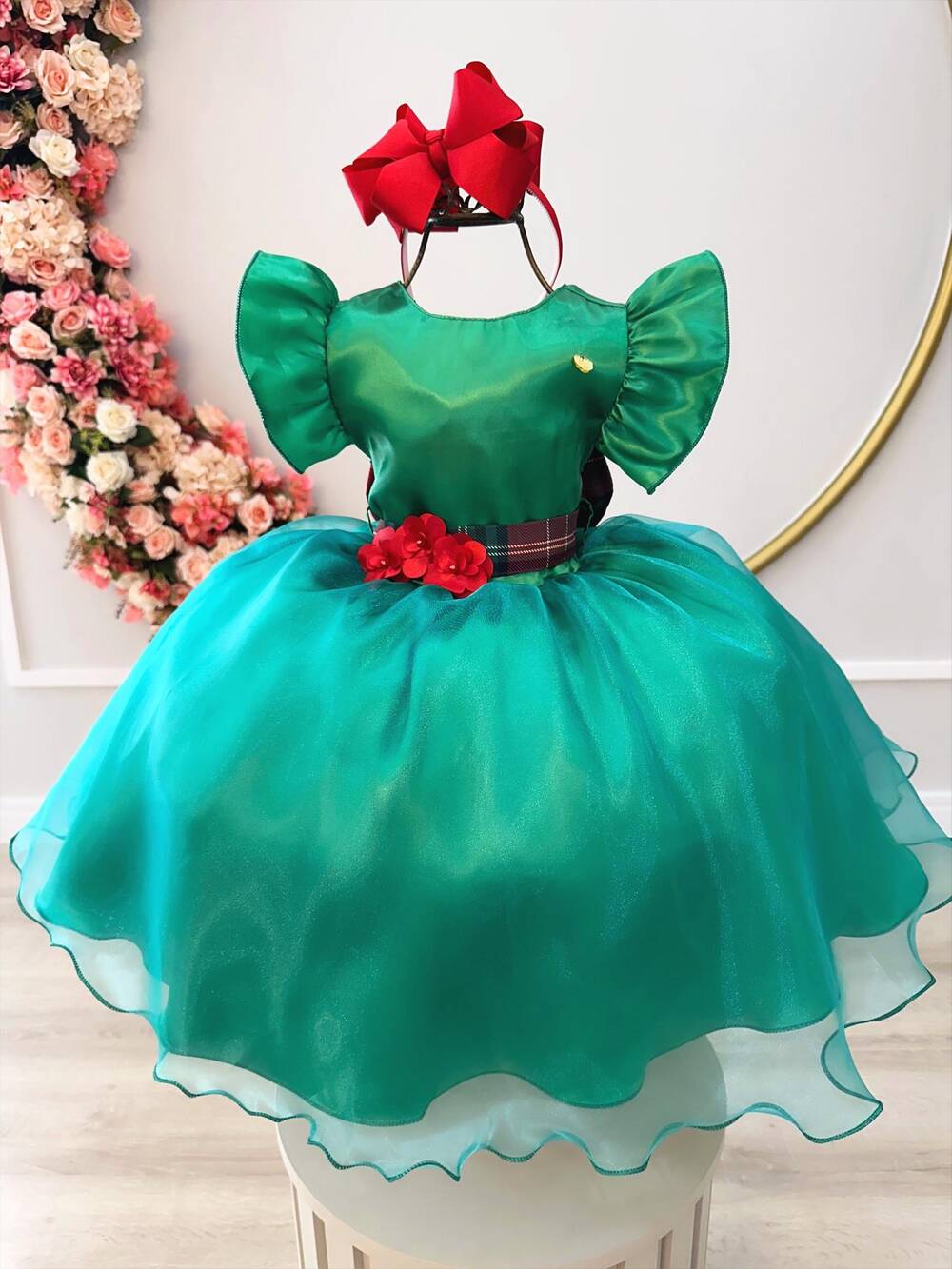 Vestido Infantil Verde C/ Broche de Flores Festas Natal