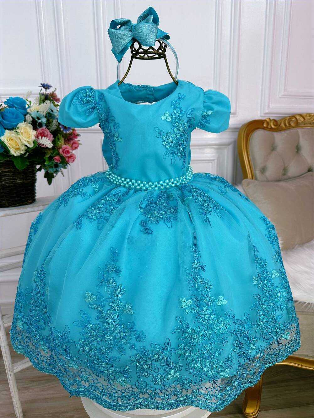 Vestido Infantil Azul Tiffany Renda Realeza Cinto de Pérolas