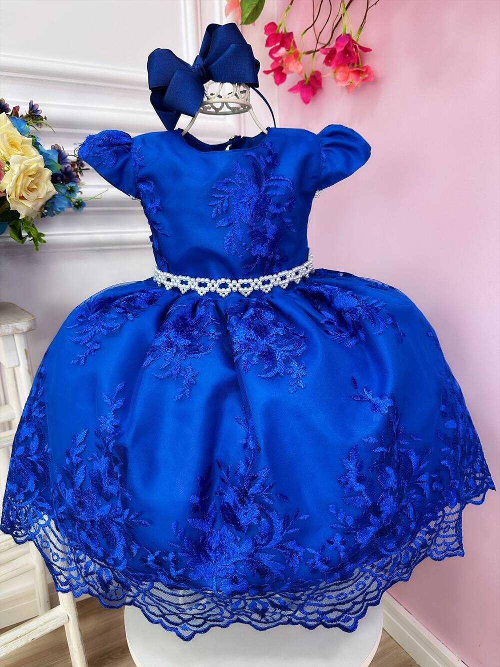 Vestido Infantil Azul Royal C/ Renda Realeza Cinto Pérolas