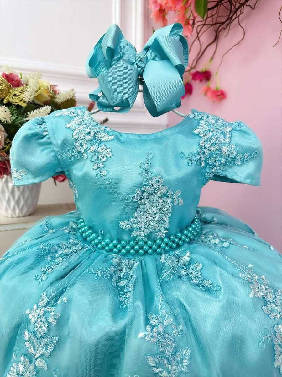 Vestido Infantil Verde Tiffany Com Renda Realeza e Pérolas