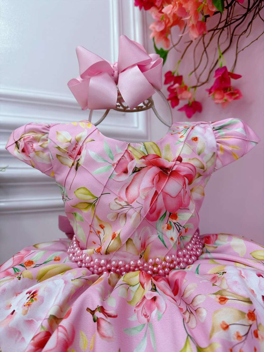 Vestido Infantil Rosa Peito Nervura Florido C/ Cinto Pérolas