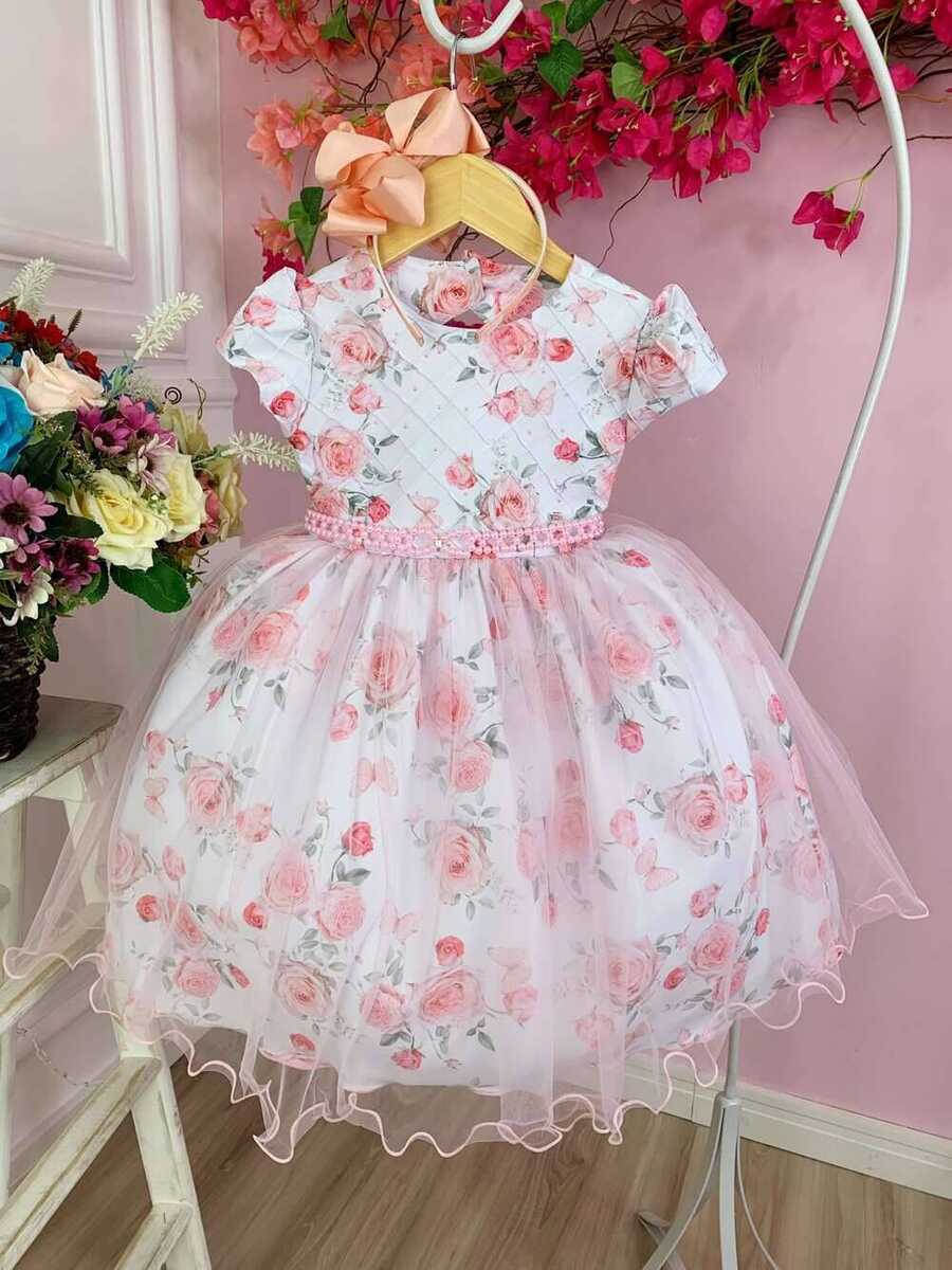 Vestido Infantil Branco Peito Nervura e Florido de Rosas