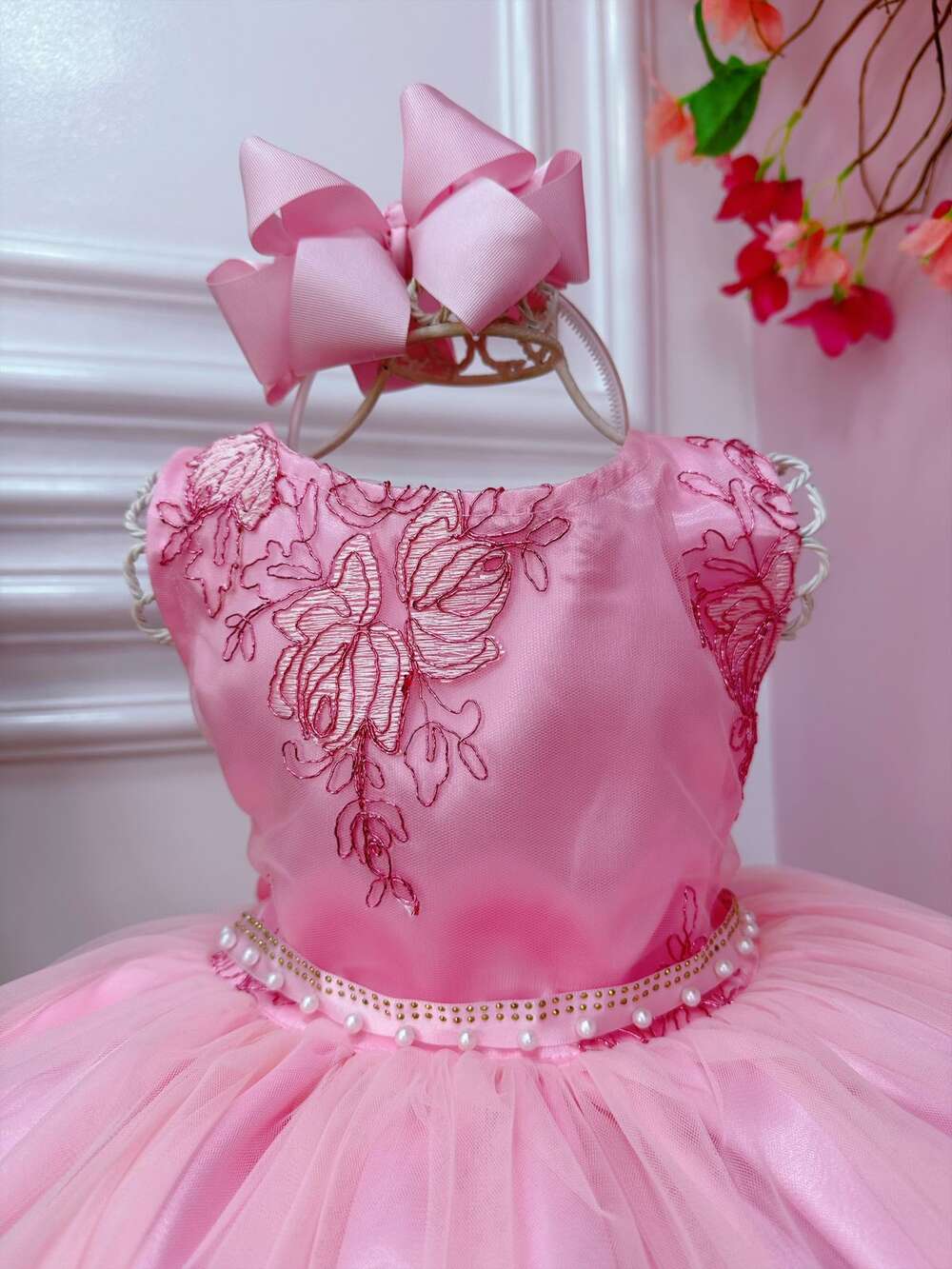 Vestido Infantil Rosa Damas de Honra Cinto Pérola Strass