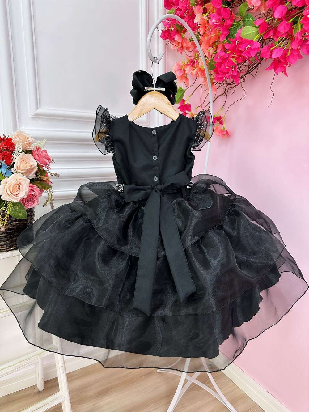 Vestido Infantil Wandinha Preto Com Cinto de Strass Luxo