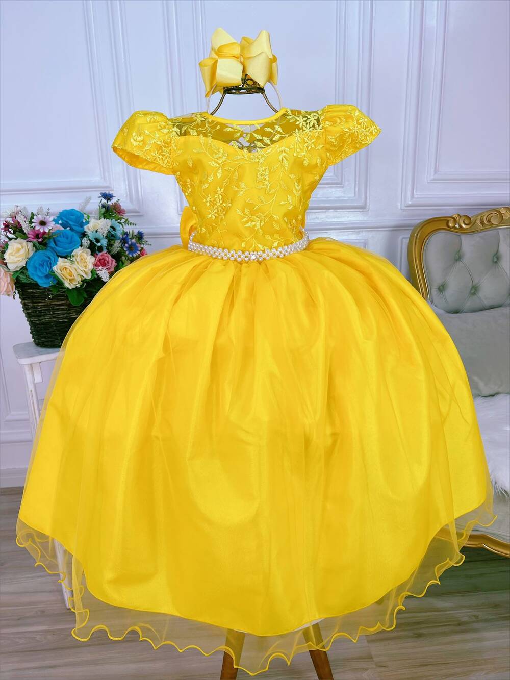 Vestido Infantil Amarelo Damas Honra Casamento Renda Pérolas