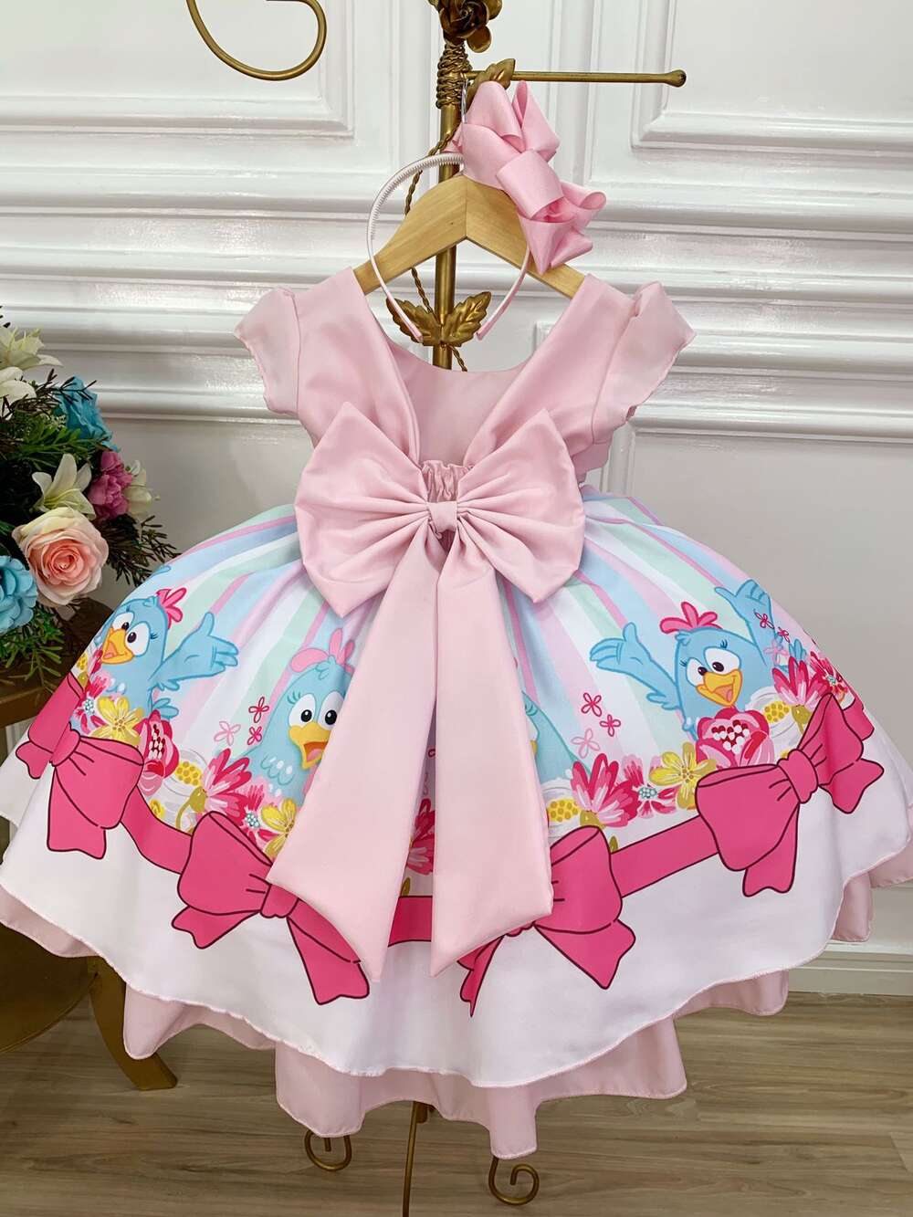 Vestido Infantil Galinha Pintadinha Rosa Peito Com Strasss