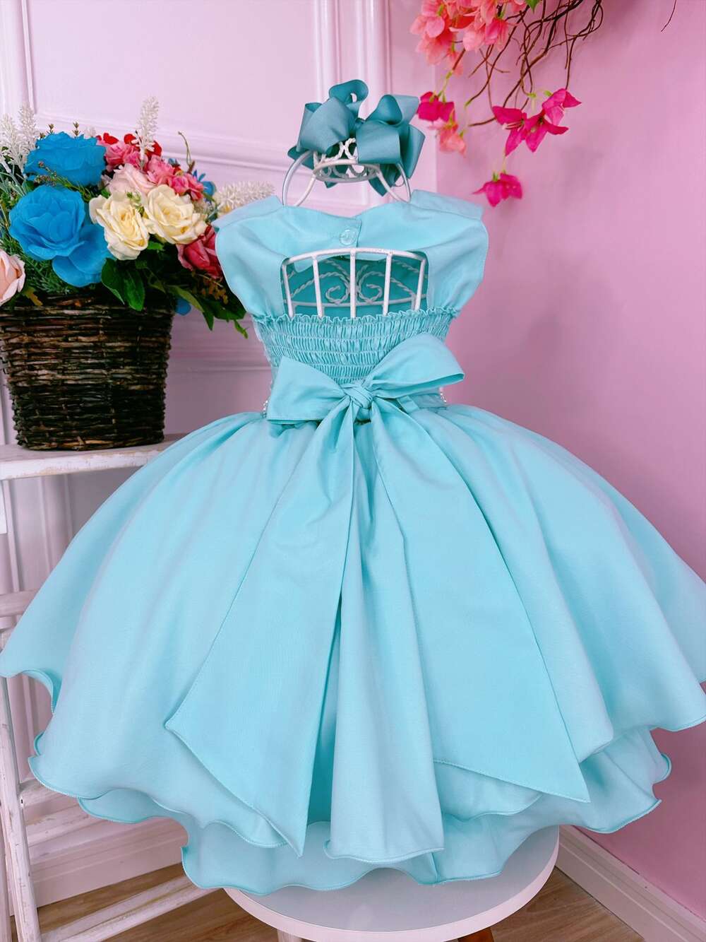 Vestido Infantil Verde C/ Renda Flores e Pérolas Damas Luxo