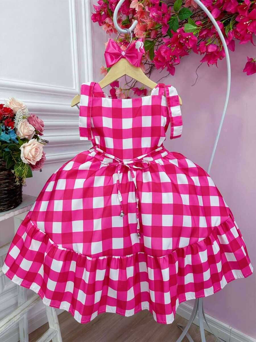 Vestido Infantil Barbie Xadrez Pink Com Laço