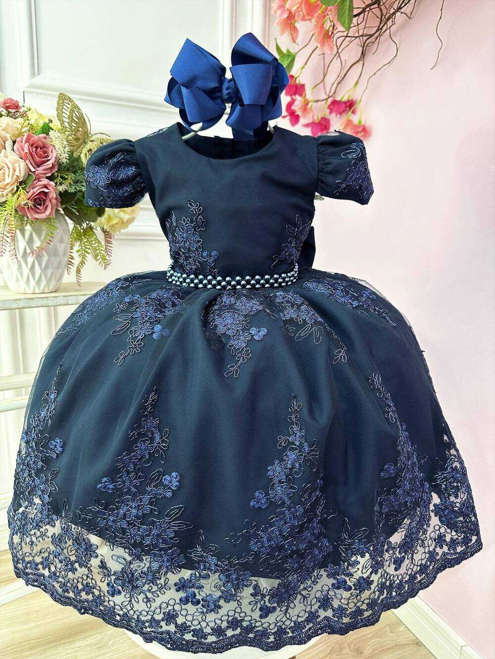 Vestido Infantil Azul Marinho C/ Renda Realeza Cinto Pérolas