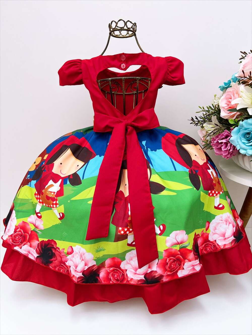 Vestido Infantil Chapeuzinho Vermelho Floral com Capuz