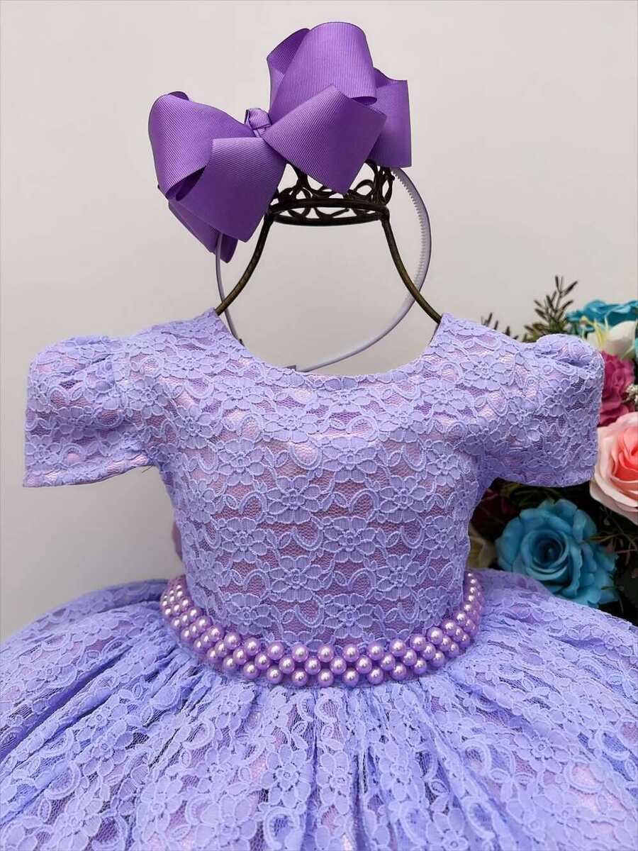 Vestido Infantil Realeza Lilás Renda e Pérolas Festa Luxo