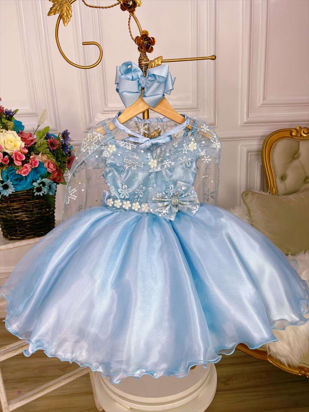 Vestido Infantil Frozen com Capa e Laço Festa Princesas Luxo