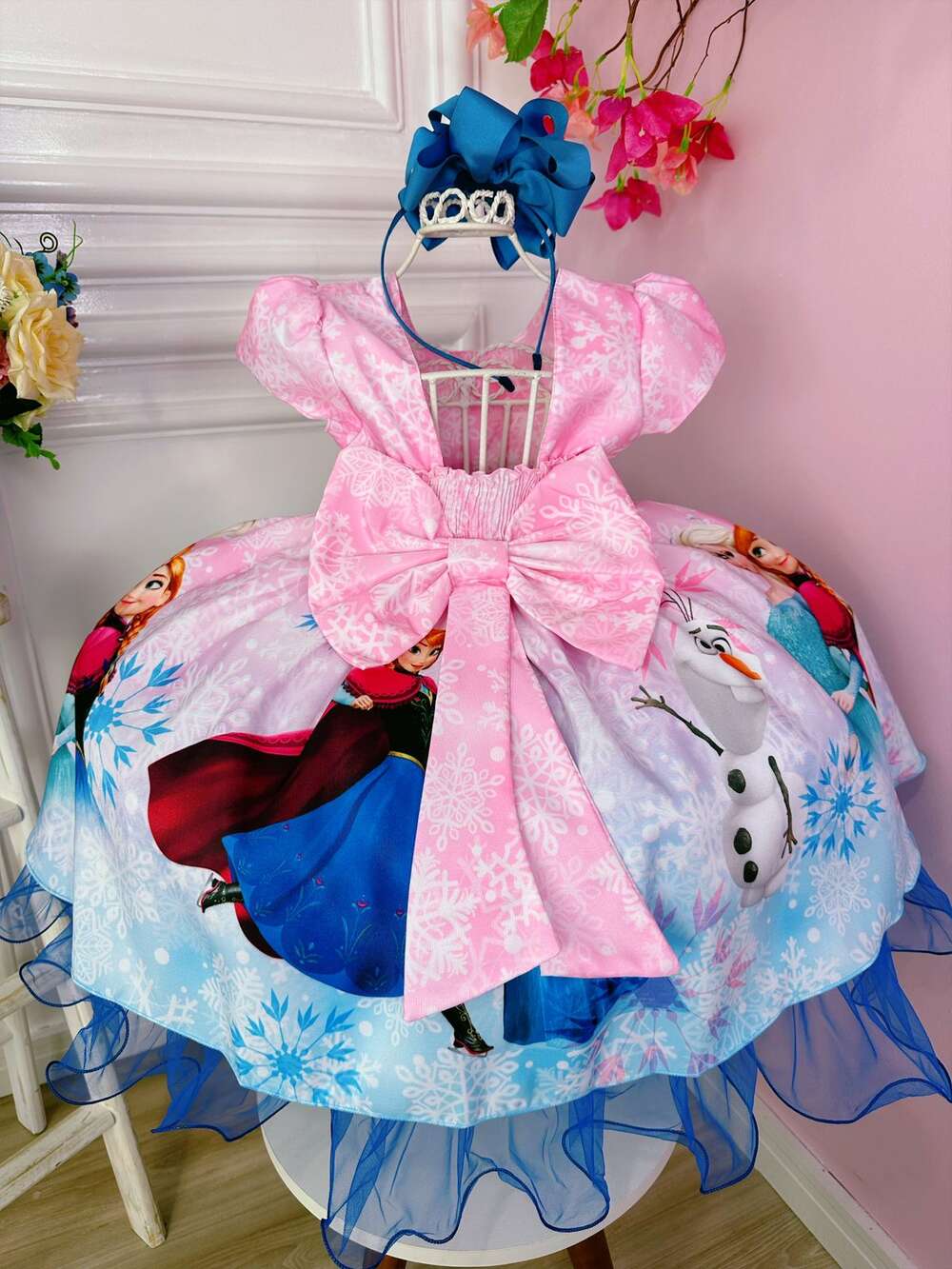 Vestido Infantil Frozen e Olaf Princesas C/ Broche de Laço