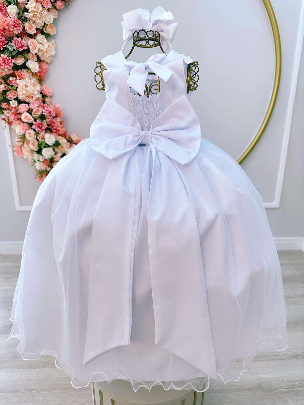 Vestido Infantil Branco Damas de Honra Casamentos C/ Broche