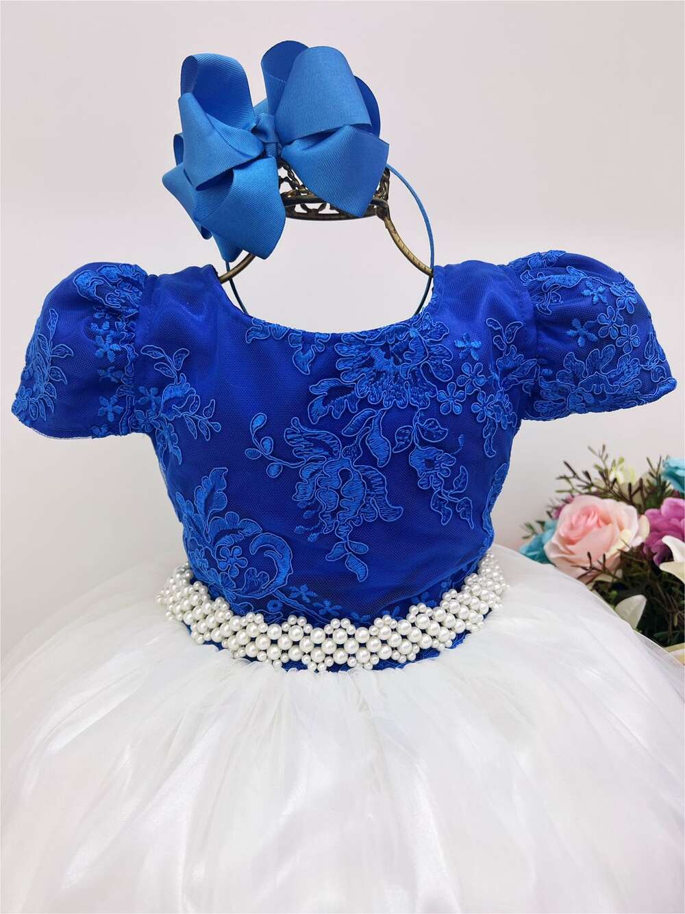 Vestido Infantil Azul Royal e OFF Damas Honra e Casamento