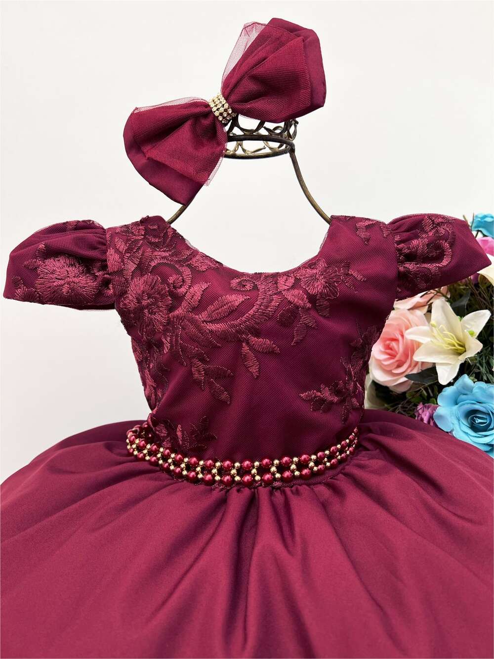 Vestido Infantil Marsala Renda C/ Cinto de Pérolas Laço