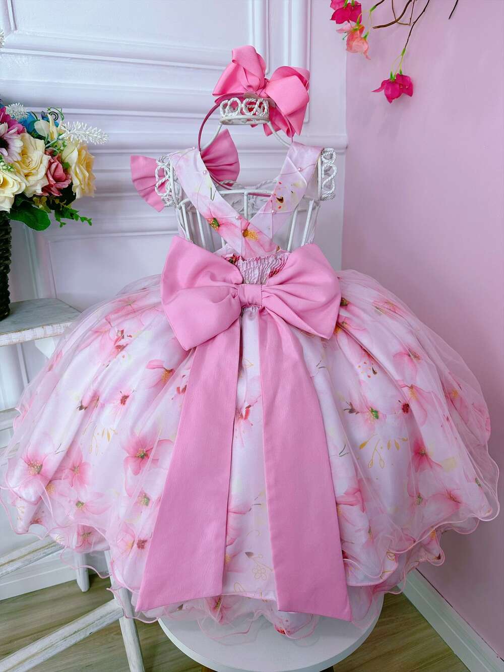 Vestido Infantil Rosa Florido C/ Cinto de Pérolas e Strass