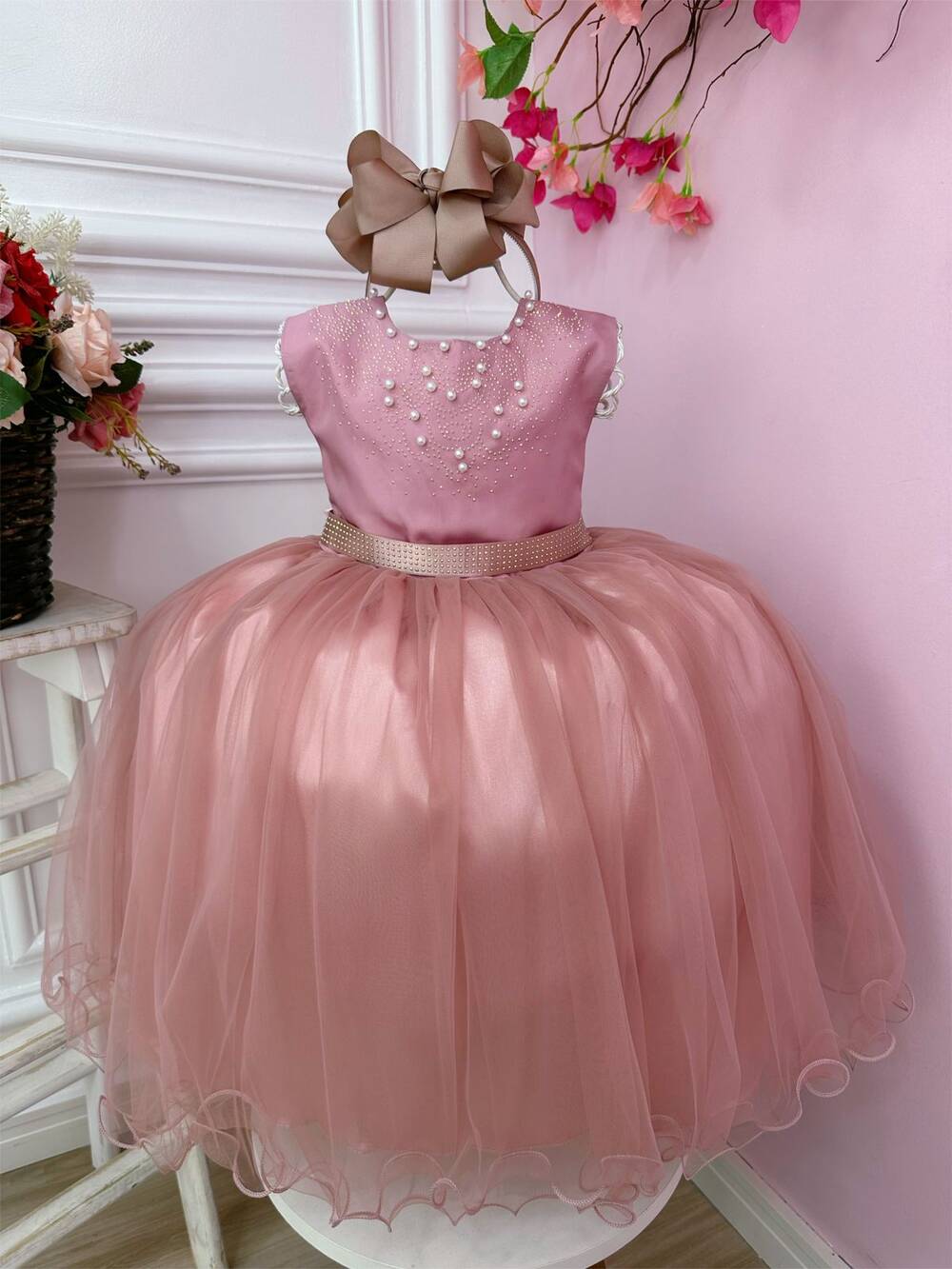 Vestido Infantil Rose C/ Strass Pérolas Damas Luxo