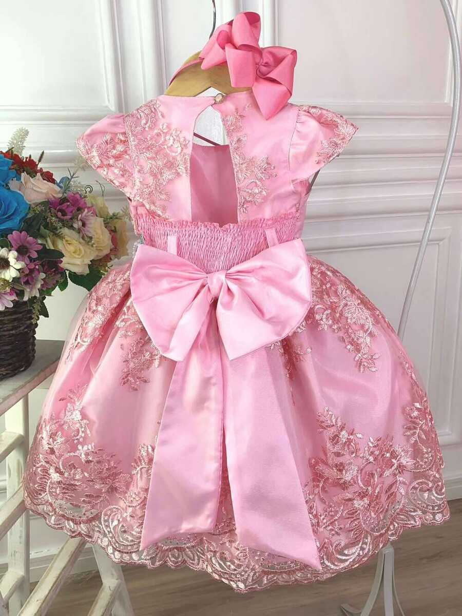 Vestido Infantil Rosa Com Renda Realeza e Cinto Pérolas